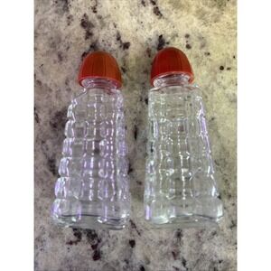Vintage Clear Glass Salt & Pepper Shakers with Red Lids